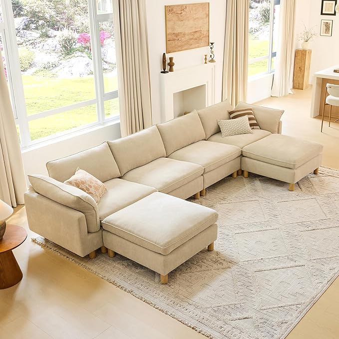 CHITA 161" Super Large Sectional Couches for Living Room, Modular Cloud Couch Sectional Sofa, Premium Fabric Couches, Down Filled, High Density Foam, Chenille in Beige, 6 Seat U Shaped