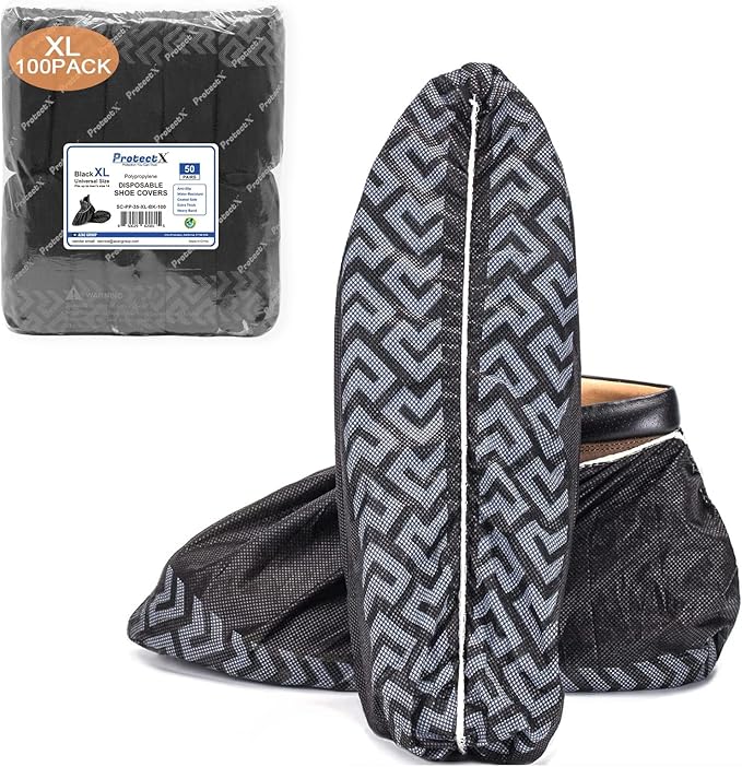 ProtectX Premium Disposable Extra Large Shoe Covers, Slip Resistant, Durable Non-Woven Polypropylene Fabric for Booties, Fits Up to 14 US Men and all US Women Size, Black 100-pack (50 pairs)