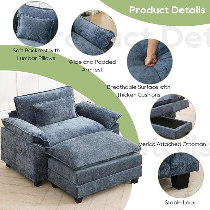 Oprisen 53" Modular Sectional Sofa, Comfy Cloud Couch Sectional Sofa with Ottoman, Chenille Sofa Sleeper Deep Seat Sofa with Throw Pillows for Living Room (Blue)