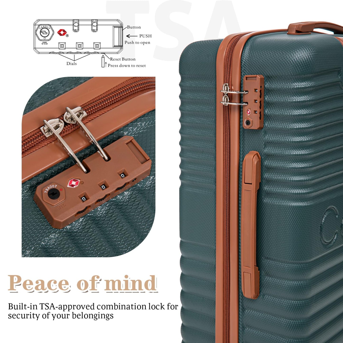 Cobens 5 Piece Luggage Sets with Spinner Wheels and Tsa Lock, Hardshell ABS Suitcase Set, Lightweight Hardside Waterproof Travel Suitcases for Men Women, 20", 24", 28" DarkGreen