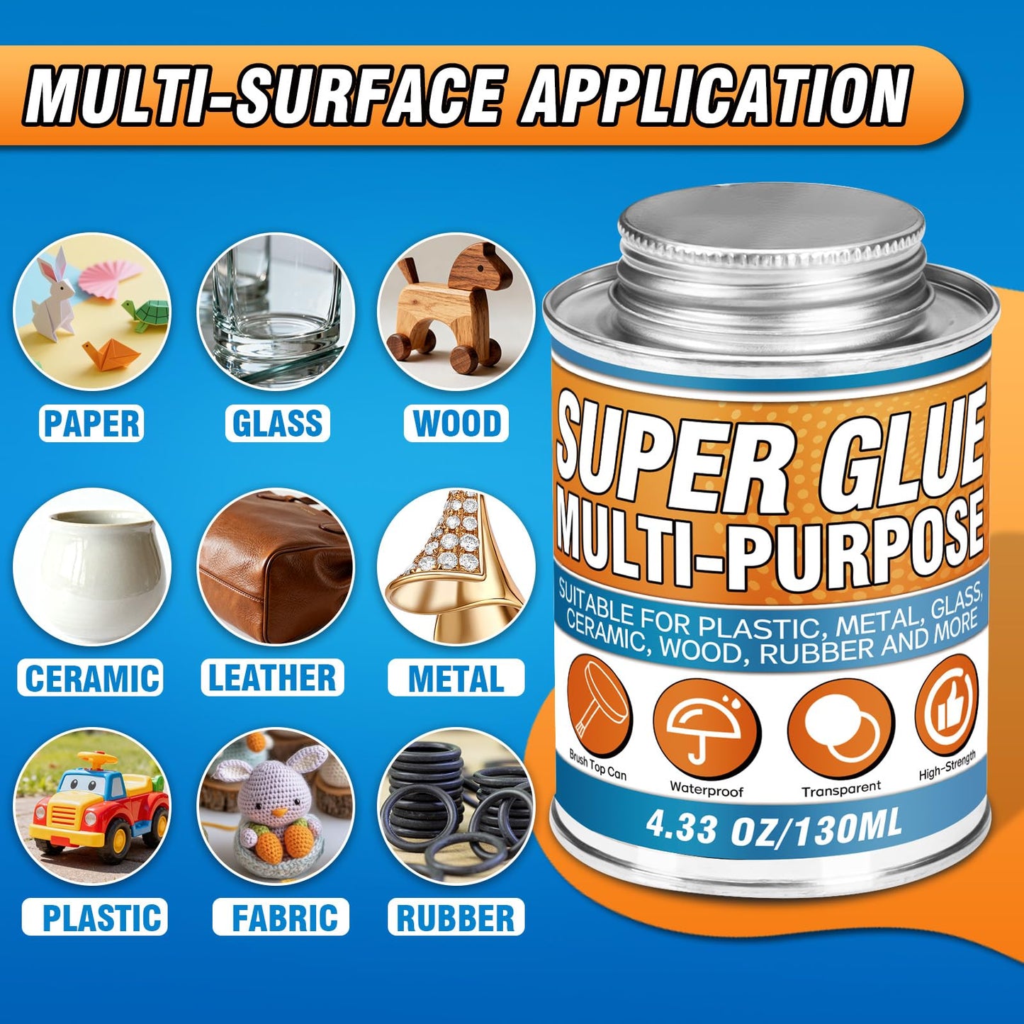 Super Glue with Brush (130ml) - All Purpose Strong Clear Adhesive, Waterproof Superglue Multi-Purpose Glue Gel for Wood, Ceramic, Glass, Leather, Plastic, Rubber, DIY Crafts & Industrial Repairs