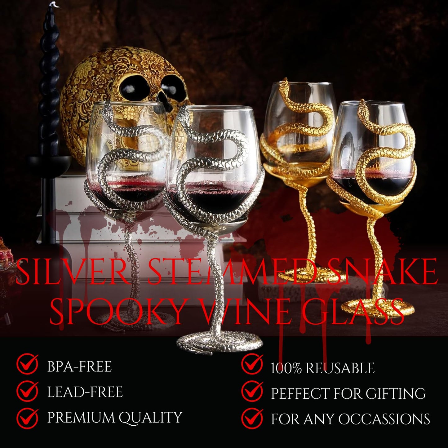 Stemmed Snake Wine Glass | Set of 2 | 19oz Spooky Reptile Glasses 10" H, Gifts, Skeleton Gifts, Skeleton Decor, Spooky Wine Gift Set, Perfect for Themed Parties (Silver)