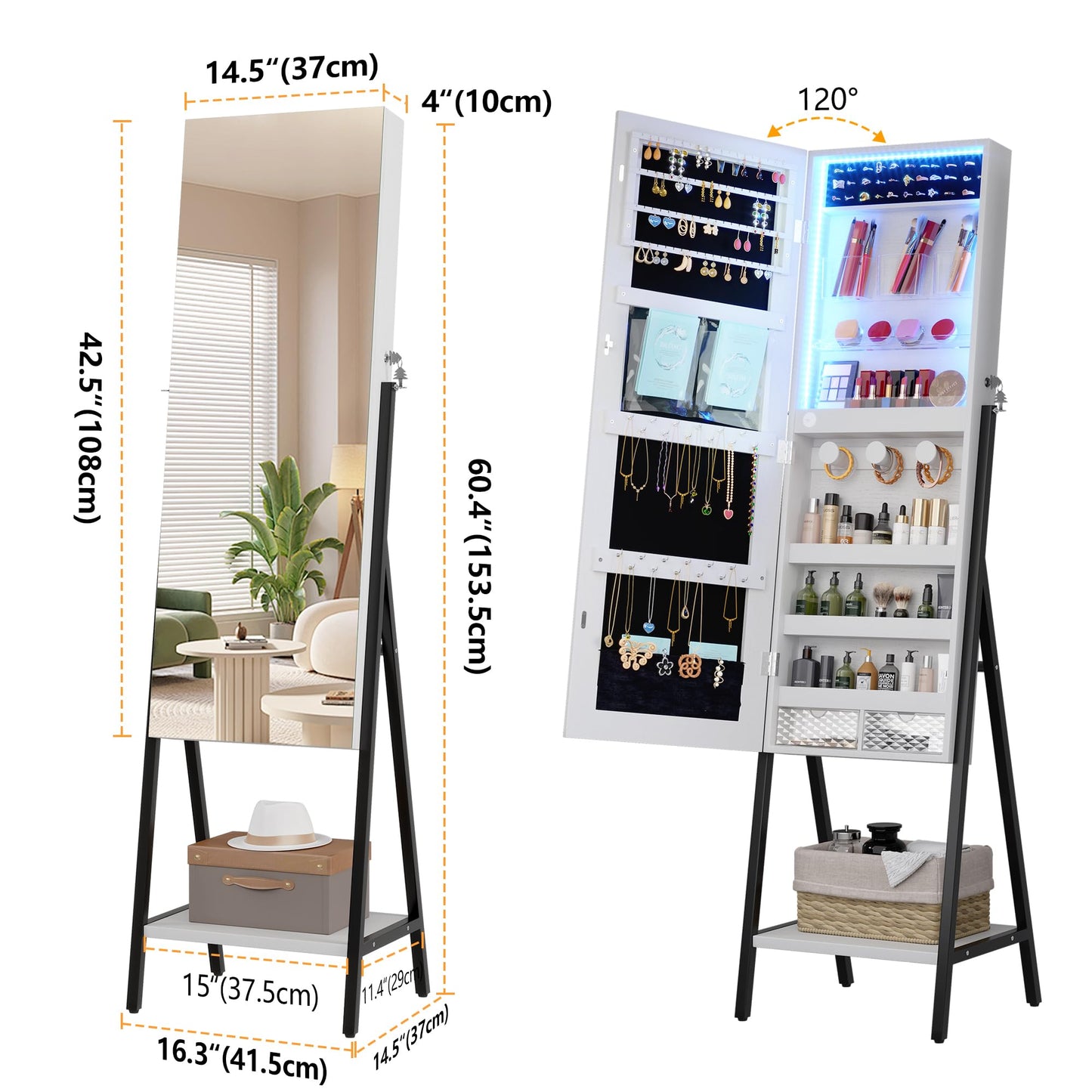 LVSOMT 3 LEDs Mirror Jewelry Cabinet, 60.4" Jewelry Mirror Full Length, Standing Lockable Jewelry Armoire Organizer, Floor Mirror with Storage for Jewelry Cosmetics, White