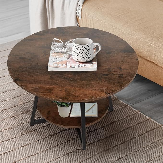 Masigle Round Coffee Table, 2-Tier Circle Coffee Table with Storage, Modern Wood Round Center Table, for Living Room, Small Space, Home Office, Easy Assembly, Rustic Brown