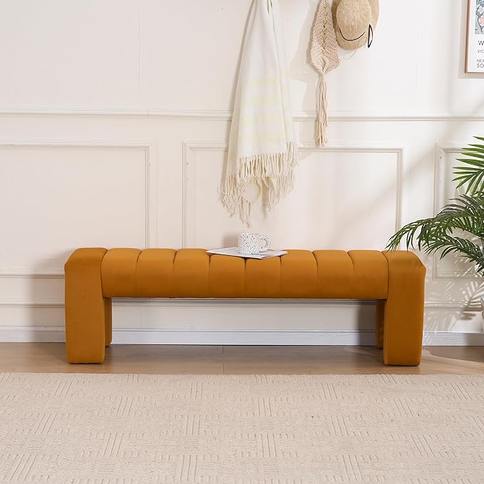 AIITTCC Velvet End of Bed Bench Upholstered Modern 59" Bedroom Bench for King Bed Bench Tufted Window Bench Comfy Long Ottoman for Living Room/Entry/Indoor (Brown, 59" Wide)