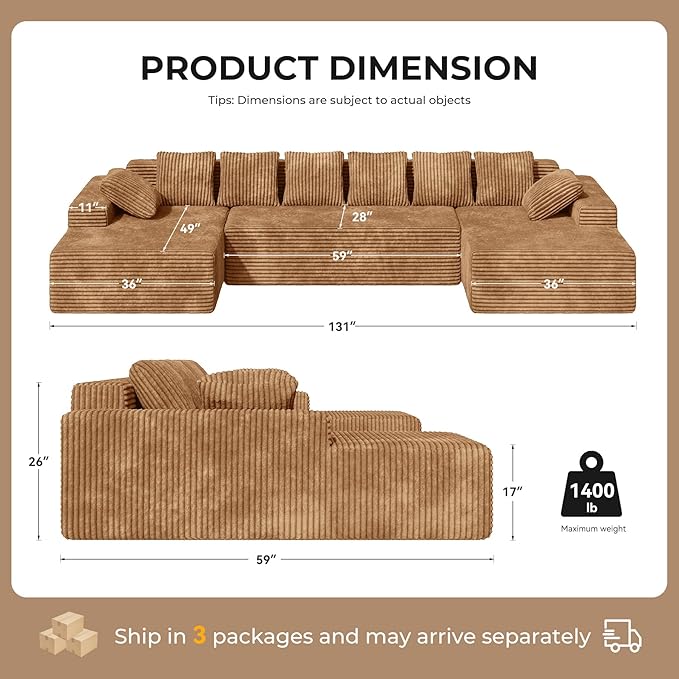 131'' U Shaped Sectional Cloud Couches with Chaise Lounge, No Assembly Required Deep Seat Modular Boneless Sofa for Living Room 3PCS, Bedroom(Camel)