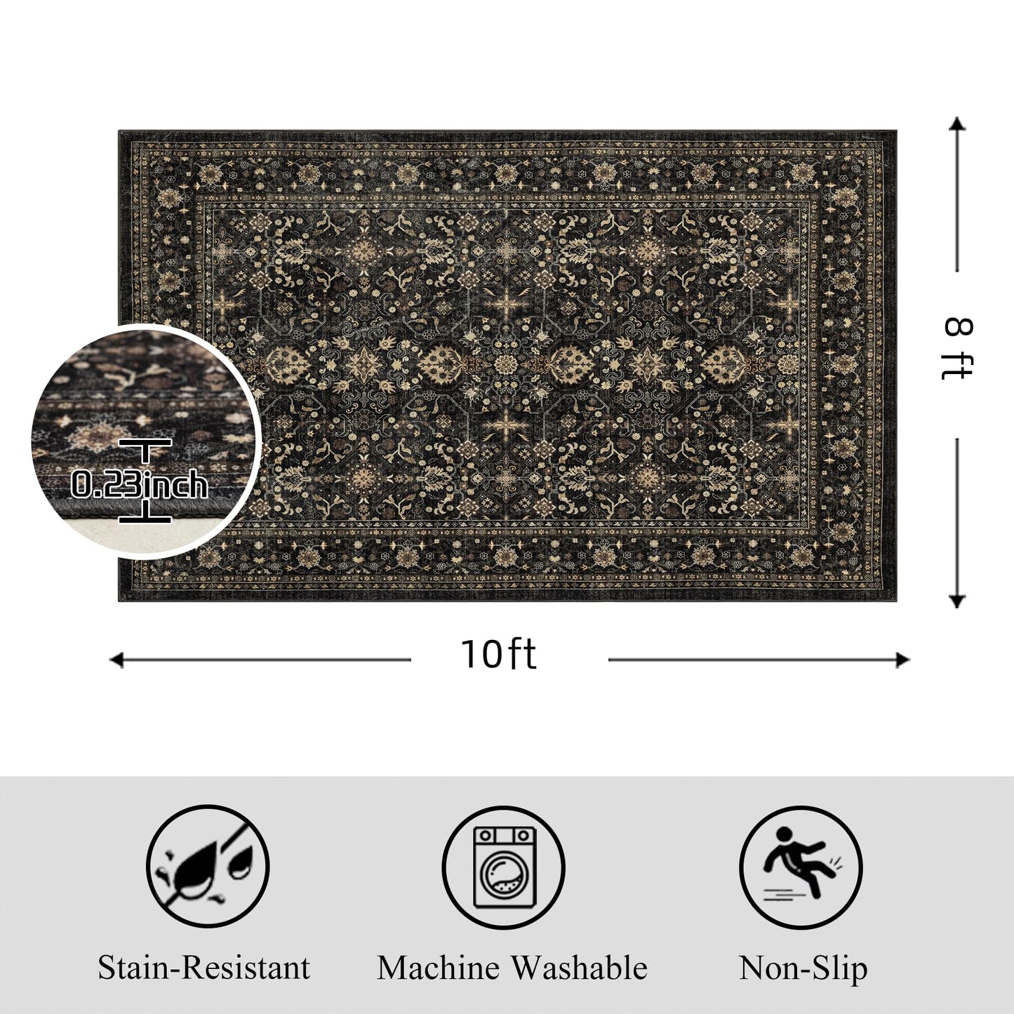 Ruaruarug Area Rug Non Slip Machine Washable Ultra Soft Outdoor/Living Room/Classroom/Bedroom/Kitchen Dark Gray, 8'×10'