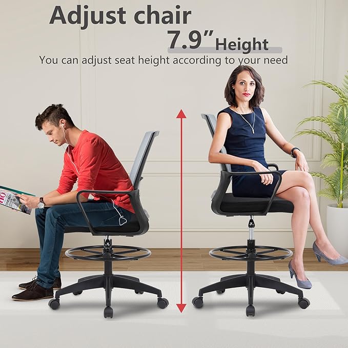 BestOffice Drafting Chair Tall Office Chair Adjustable Swivel Rolling Mesh Height with Lumbar Support Arms Footrest Mid Back for Adults Standing Desk Drafting Stool (Ashy)