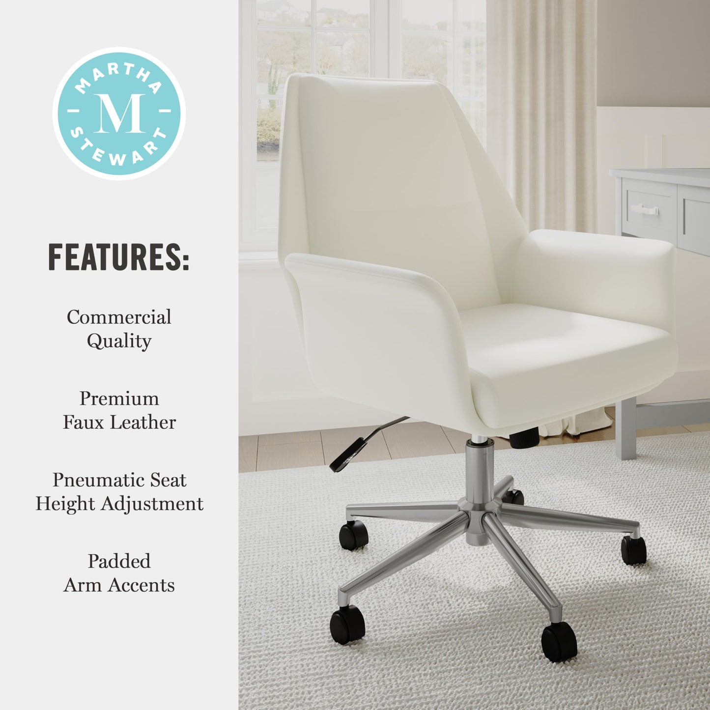 Martha Stewart Maxine Swivel Task Chair with Flared Armrests for Home Office in White Faux Leather with Polished Nickel Frame