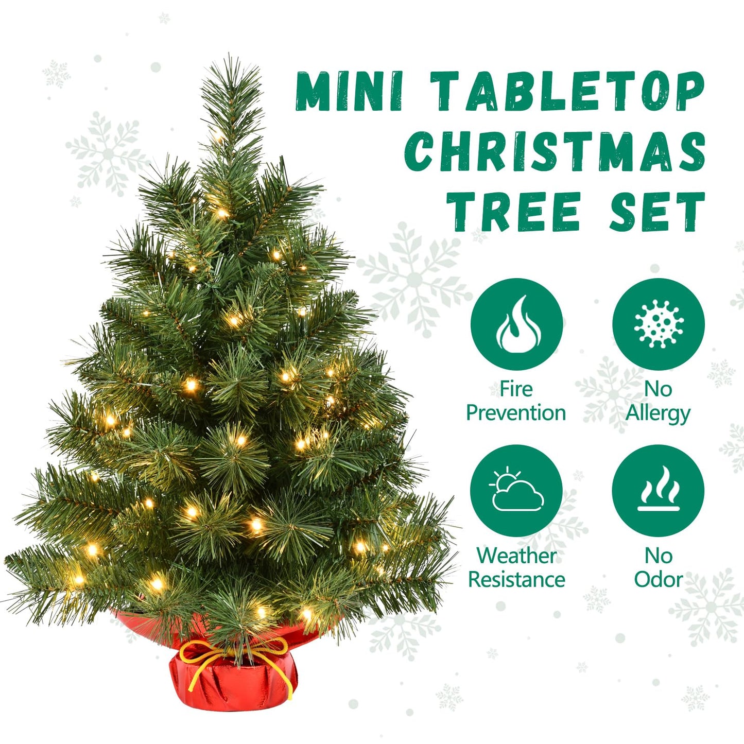 Pre-lit Mini Christmas Tree, Leeheeyee Artificial 2ft Tabletop Christmas Tree with 50 LED Lights, Battery Operated Small Xmas Tree with Burlap Base for Table Desk Home Christmas Decor