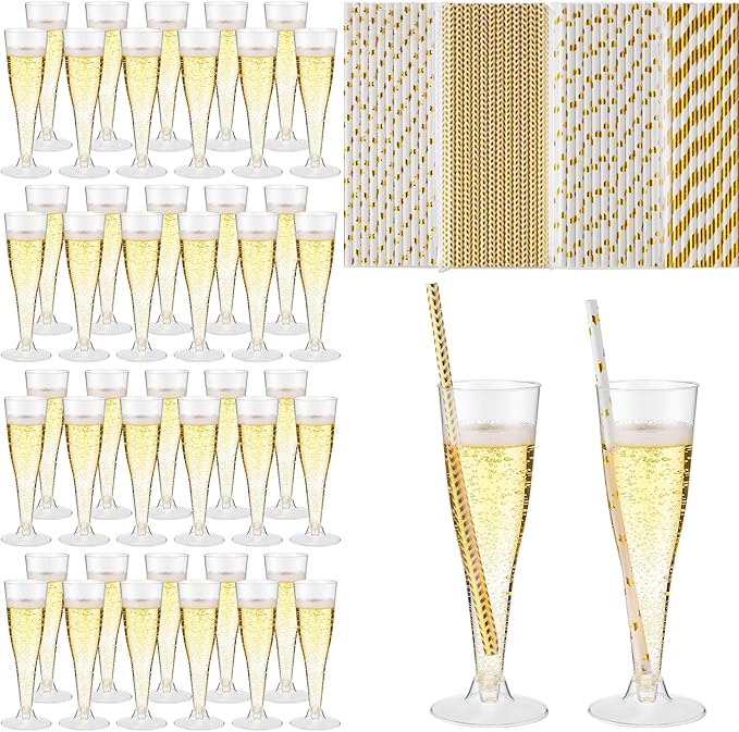Remerry 200 Pcs Plastic Champagne Flutes 4.5 oz Clear Disposable Champagne Toasting Glass with Gold Paper Straws, Mimosa C...