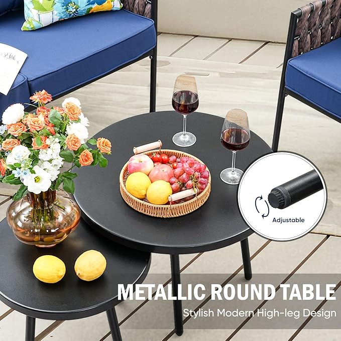SunloungeCo Patio Furniture Set, 3-Piece Wider Outdoor Metal Seating Sofa with High Back, Coffee Ta ble, All Weather Rattan Conversation for Garden,Backyard, Poolside-Navy