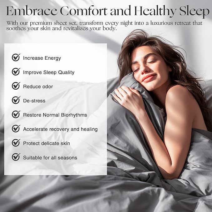 GroundBam Silver Infused Bed Sheets Set, Temperature-Regulating Fabric with Self-Cleaning Technology for 3X Freshness Sleep, Genuine 100% Organic Viscose Derived from Bamboo (Gray, Twin XL)