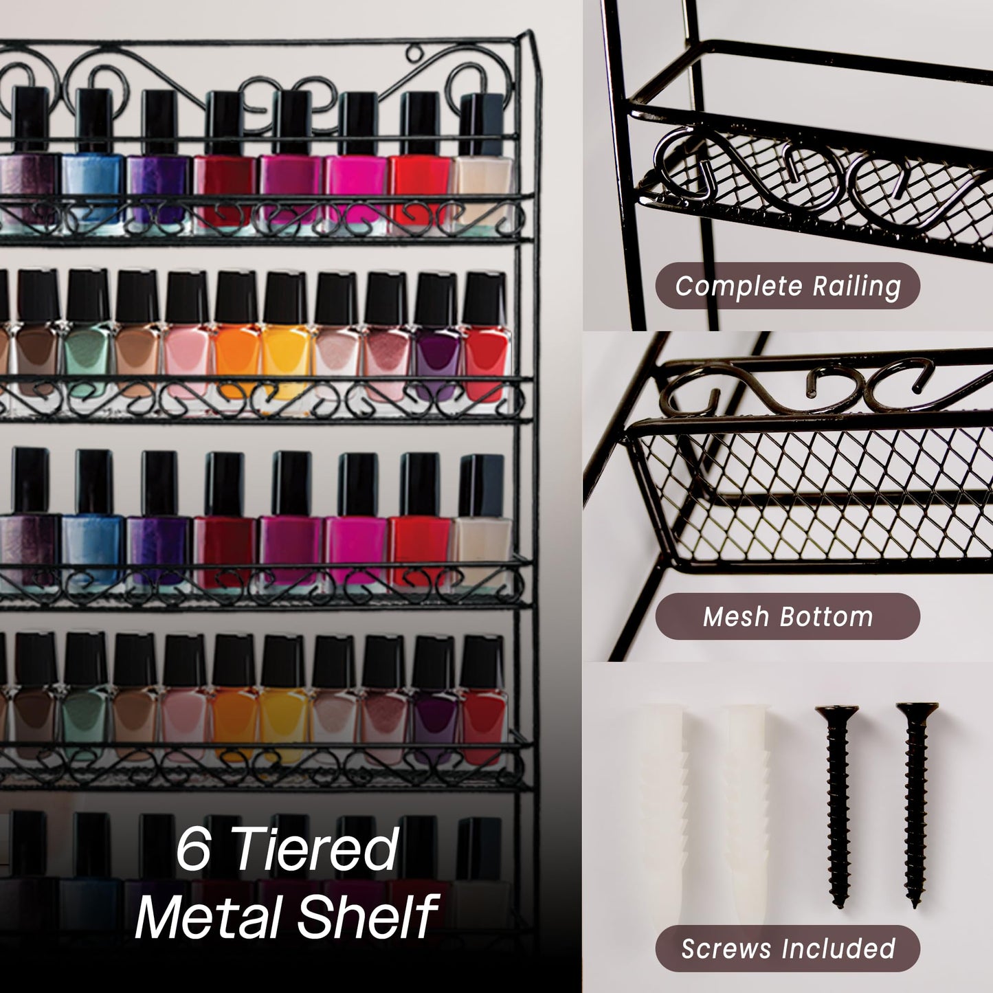 PANA 6 Tier Wall Mounted Metal Rack Shelf, Versatile Organizer for Nail Polish, Essential Oils, Kitchen Spices, and Craft Hobby