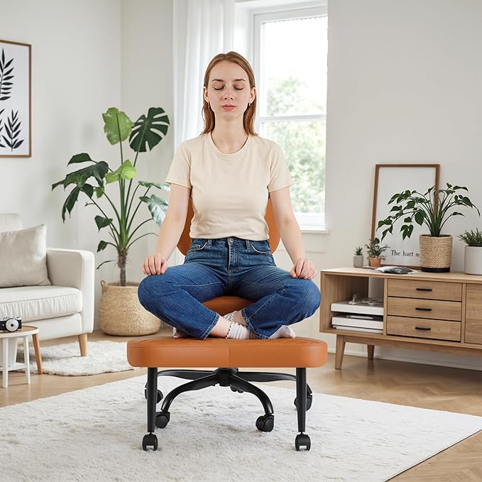 Homall Ergonomic Cross Legged Office Desk Chair with Wheels, 360° Swivel and Adjustable Height for Meditation and ADHD,Criss Cross Kneeling Chair with Lumbar Support (Leather, Brown)