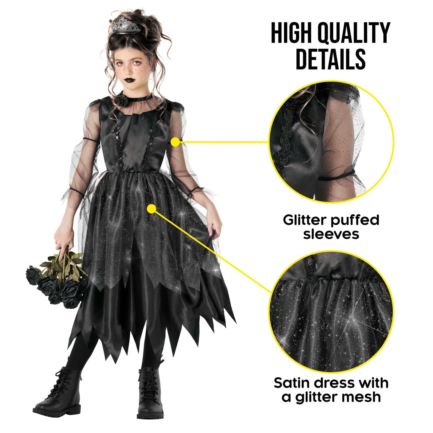 Morph Kids Gothic Witch Costume For Girls - Black Witch Dress For Kids - Spooky Halloween Outfit For Girls, Small
