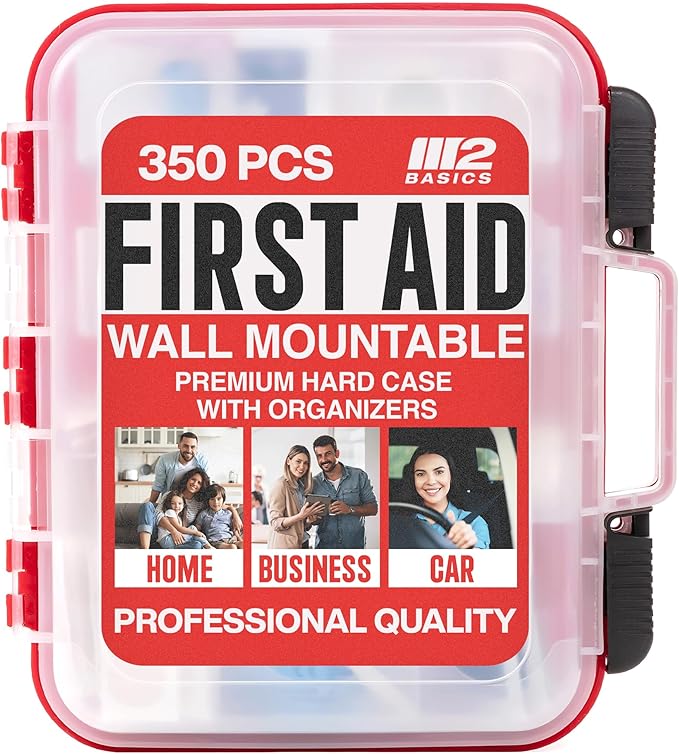 M2 BASICS Professional 350-Piece Emergency First Aid Kit for Home, Business, Car, Vehicle & Office – Organized Dual-Layer Hard Case, Wall-Mountable Medical Supply Organizer, OSHA Workplace Safety