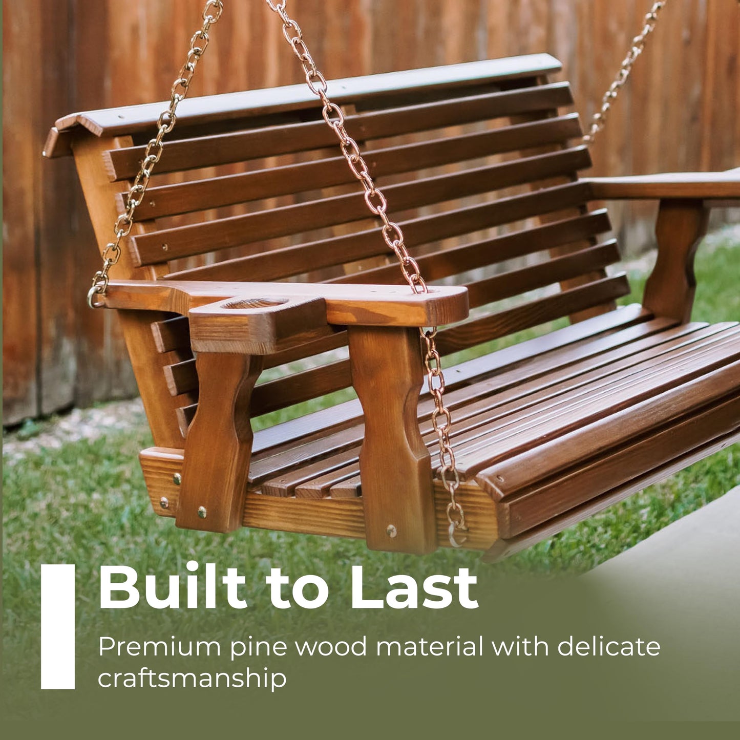 Amish Casual Heavy Duty 700 Lb Capacity Porch Swing with Cup Holders (4 Foot, Dark Walnut Stain) – Wooden Outdoor Roll Back Swing with Hanging Chains – Amish Made in the USA