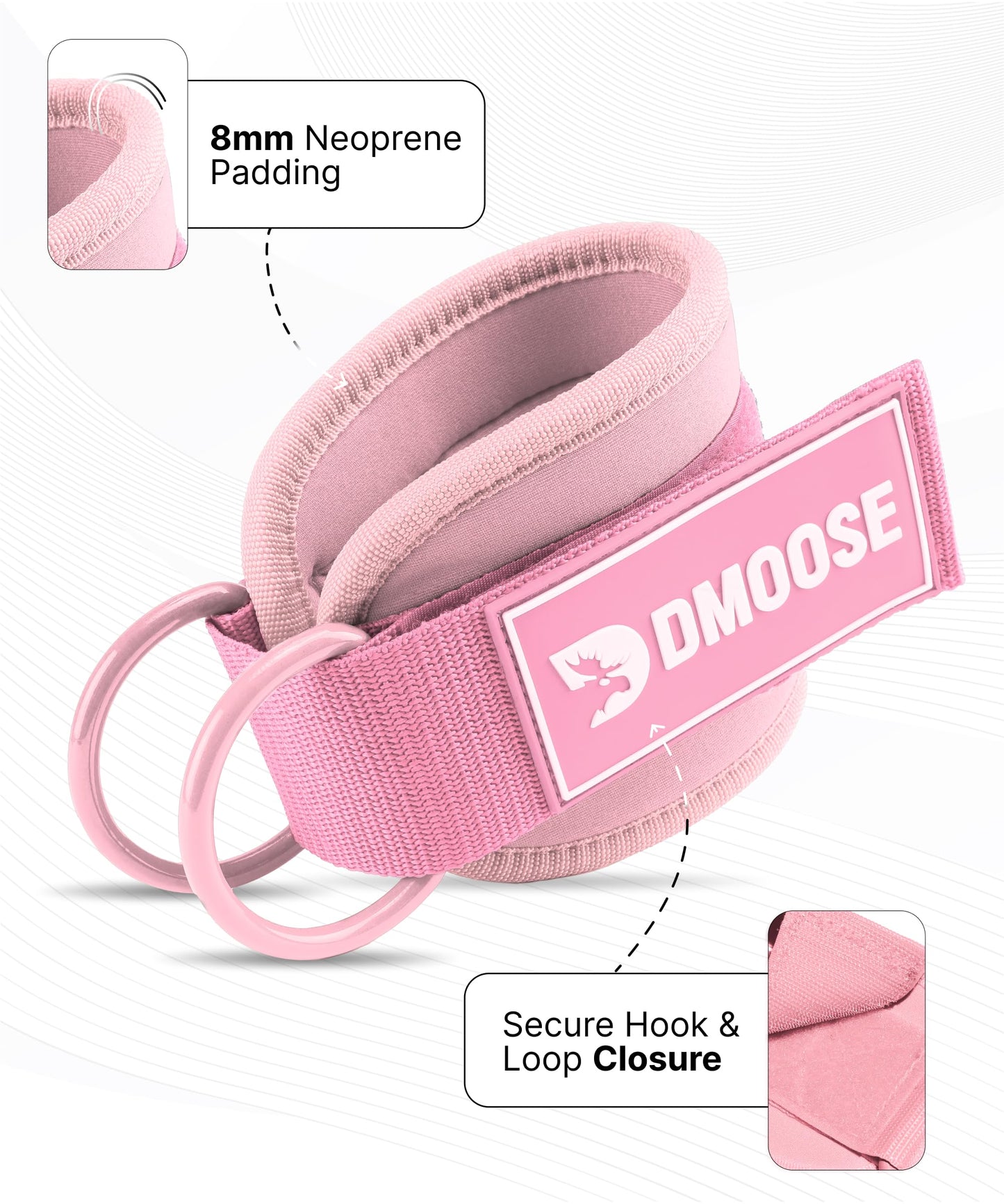 DMoose Fitness Ankle Straps for Cable Machines - One Size Fit Premium Padding, Glute Kickback Ankle Strap for Women & Men, Cable Attachments for Gym & Booty Workouts (Bubblegum Pink - Pair)