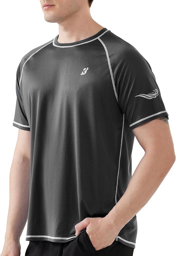 Roadbox Men's UPF 50+ Swim Shirts, Short Sleeve UV Sun Protection Rash Guard T-Shirt, Quick Dry Water Surfing Beach Tees