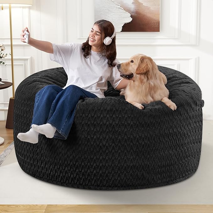 HABUTWAY 3FT Bean Bag Chair,Giant Bean Bag Chairs for Adults,Big Bean Bags with Memory Foam Filled, Large Beanbag Chairs with Chevron Plush Cover-Black