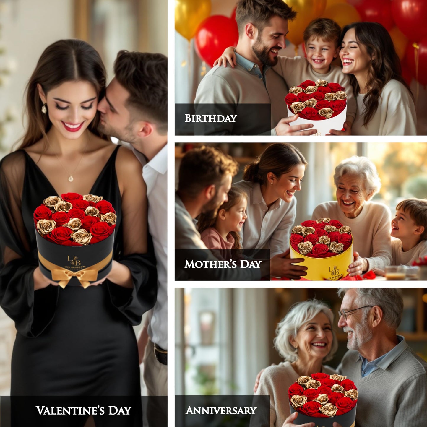 LUX BLOSSOM BOUTIQUE 17 Forever Roses in a Box - Luxury Red & Gold Forever Flowers, Gold Roses, Eternal Sparkling Roses Bouquet, Birthday Gifts for Wife, Flowers for Delivery Prime (White Box)