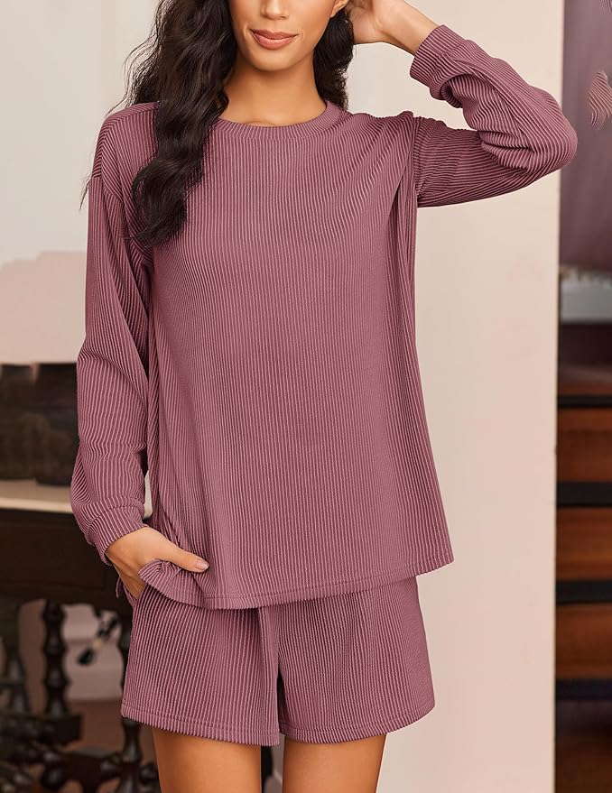 Ekouaer 2 Pieces Lounge Set for Women Long Sleeve Pajamas Top and Shorts Matching Sets Outfits with Pockets