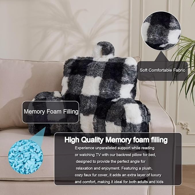 Reading Pillows for Boyfriend Adult,Velvet Back Pillow Bed Wedge Large, Back Rest Support Cushion for Sitting Up in Bed/Couch for Bedrest 18inch-Checkerboard Print in Black/White