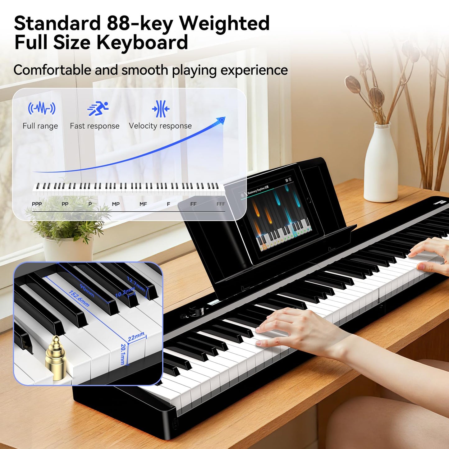 V70 Piano Keyboard 88 Keys Weight Keyboard: TERENCE Keyboard Piano Foldable 88-Key Weight Keyboard Full Size Digital Piano with Headphones 4 Speakers Bluetooth Built-in Battery (Black)