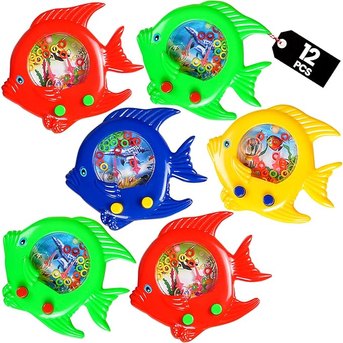 Fish Water Ring Toss Toy - (Pack of 12) Water Ring Game Handheld Fun Aqua Arcade Retro Game Pocket Travel Toys for Car Roa...