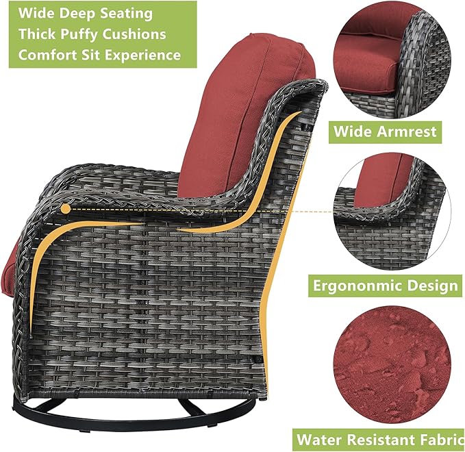 Rilyson Wicker Patio Furniture Set - 6 Piece Rattan Outdoor Sectional Conversation Sets with 2 Rocking Swivel Chairs,2 Ottomans,1 Sofa and 1 Loveseat for Porch Deck Garden(Mixed Grey/Red)