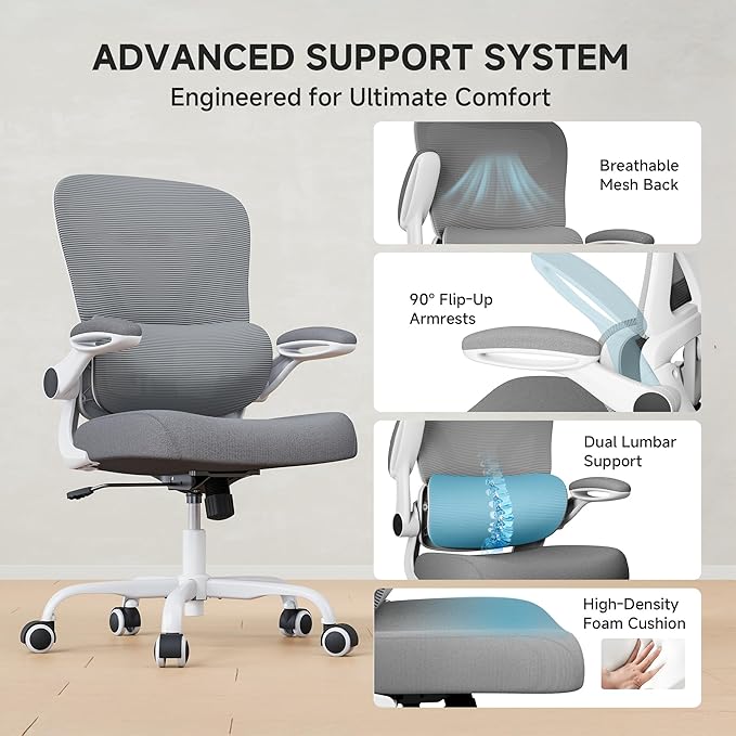 PKPT Mesh Office Chair, 330LBS Ergonomic Desk Chair with Adjustable Lumbar Support, Executive Computer Chairs for Home Office, White and Gray