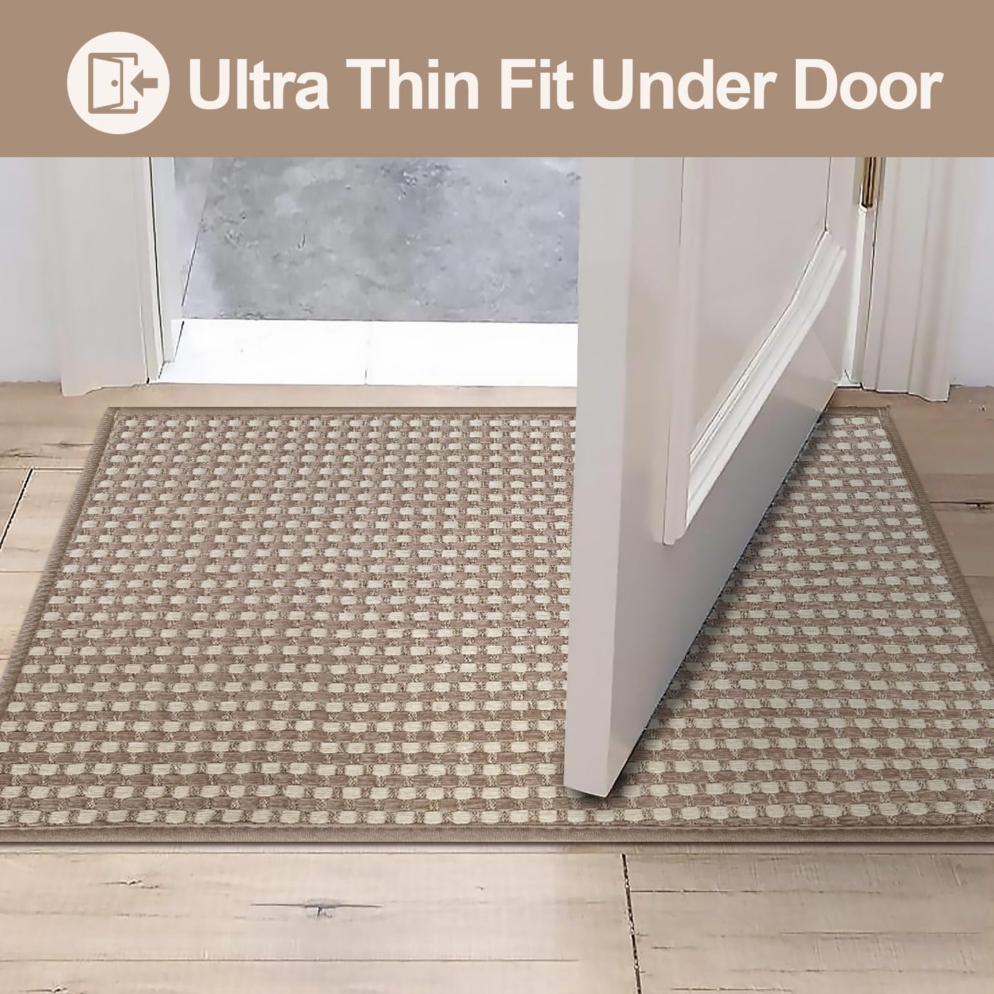 Bath Mat Ultra Thin Bathroom Rugs, Soft Braided Non-Slip Washable Bath Mat, Super Absorbent Bath Rug Mat, Rubber Backing, Fit Under Door Bathroom Floor Tub, Brown Checked Pattern,16"×24"