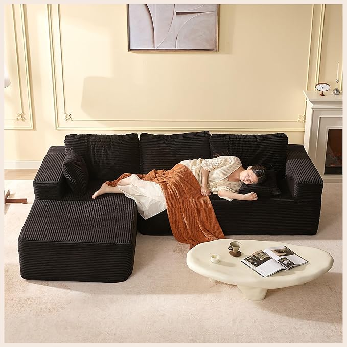 Afuson 107" Boneless Couch with Deep Seat, Modular Sectional Sofa, Cloud Sectional Couch for Living Room, No Assembly Required, Corduroy, L-Shape Left, Black