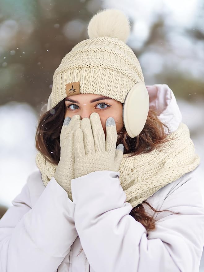 Winter Hat Scarf Gloves and Ear Warmer, Warm Knit Beanie Hat Touch Screen Gloves Set Winter Gifts Neck Scarves for Women