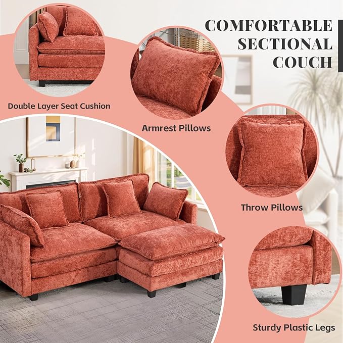SoarFlash Chenille 77.95" Sectional Sofa, Comfy L Shaped Modular Coush Sofa with Ottoman, Modern 2 Seat Couch Deep Seat Sofa Set for Living Room,Orange
