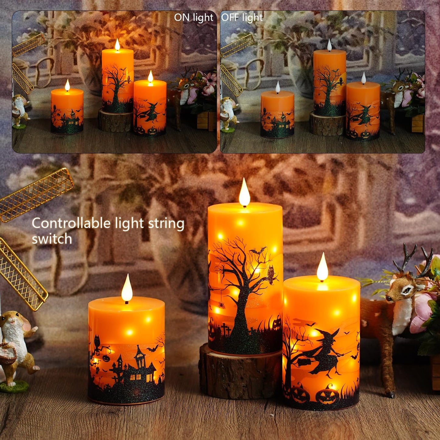 Sasigeiaa Halloween Flameless Candles with Remote - Orange LED Candles & String Lights, Battery Operated Set of 3 (D3 x H4/5"/6") for Window Decor, Halloween Decoration,Living Room Decoration