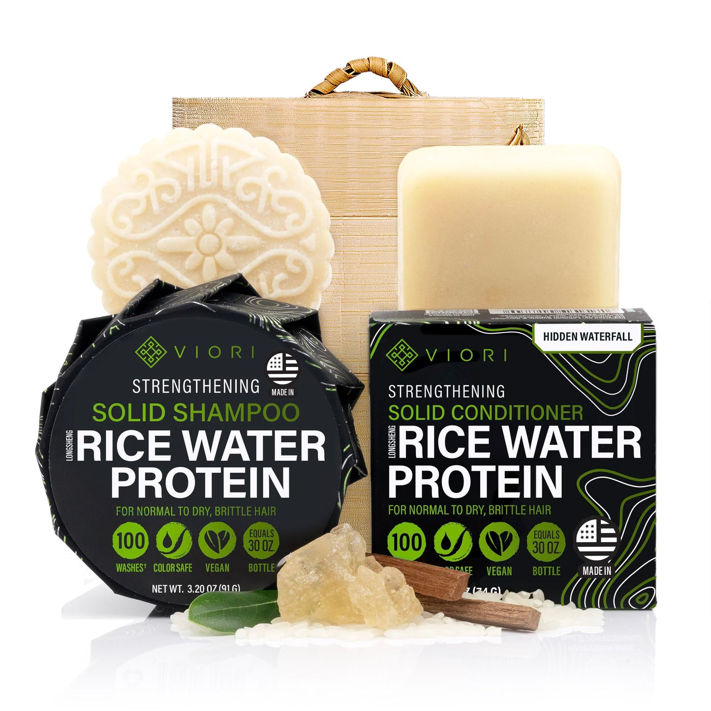 Viori Hidden Waterfall Shampoo and Conditioner Bar Set and Bamboo Holder - Made with Rice Water for Hair Growth - Handcrafted Su