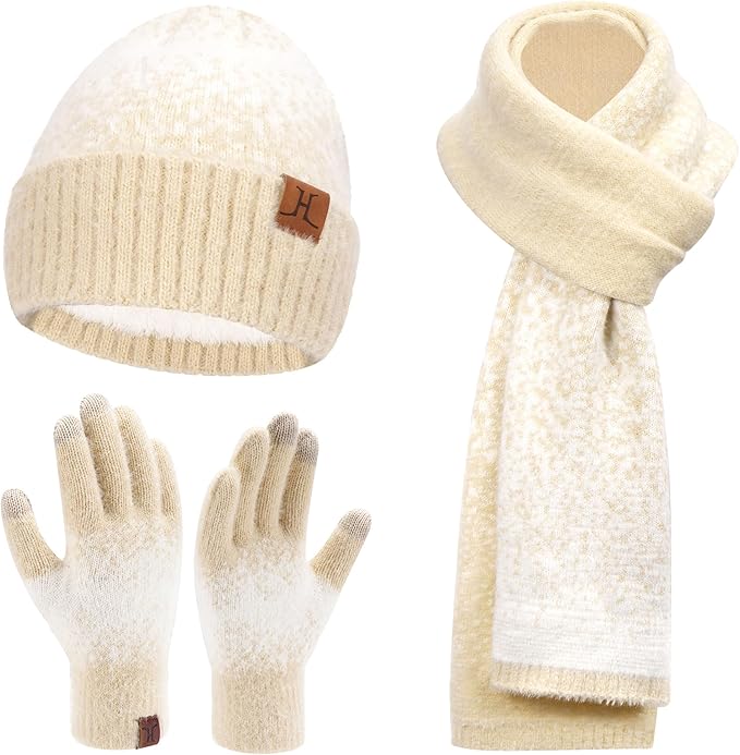 Womens Winter Knit Beanie Hats and Touchscreen Gloves Long Scarf Set with Warm Fleece Lined Skull Caps Scarves for Women