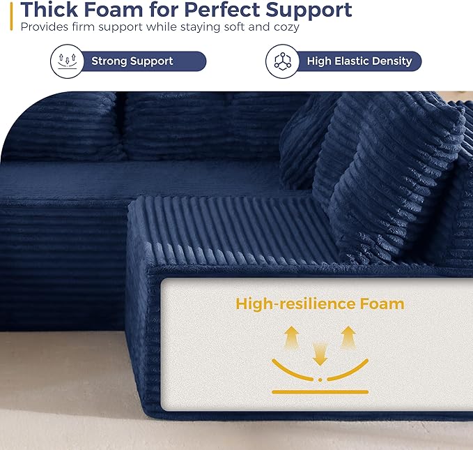 MAXYOYO 132" Oversize Modular Sectional Couch with L-Shape Chaise, Modern Boneless Couch for Living Room, Sofa in A Box, Oversized Sofa Sleeper with Deep Seat, No Assembly Required, Navy