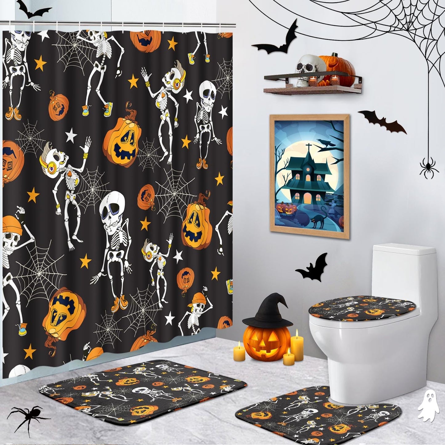 Tayney Haloween Pumpkins Shower Curtain Set with Toilet Lid Cover and Non-Slip Rugs, Dancing Halloween Skeletons and Pumpkins 4 Pcs Shower Curtains for Bathroom, Holiday Funny Bathroom Decor