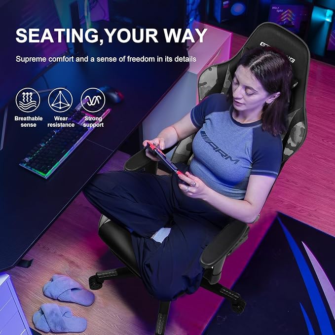 GTPLAYER Gaming Chair with Footrest, Ergonomic Computer Game Desk Chair, Reclining Game Chair Seat Height Adjustment, Swivel Rocker with Headrest and Lumbar (Camouflage)