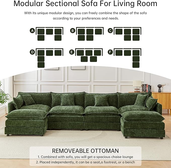 saows Modular Sectional Sofa, 147.2 Inch U Shaped Couch Set with Armrests, 4-Seater Comfy Cloud Couches with Movable Ottoman for Living Room Apartment, Green