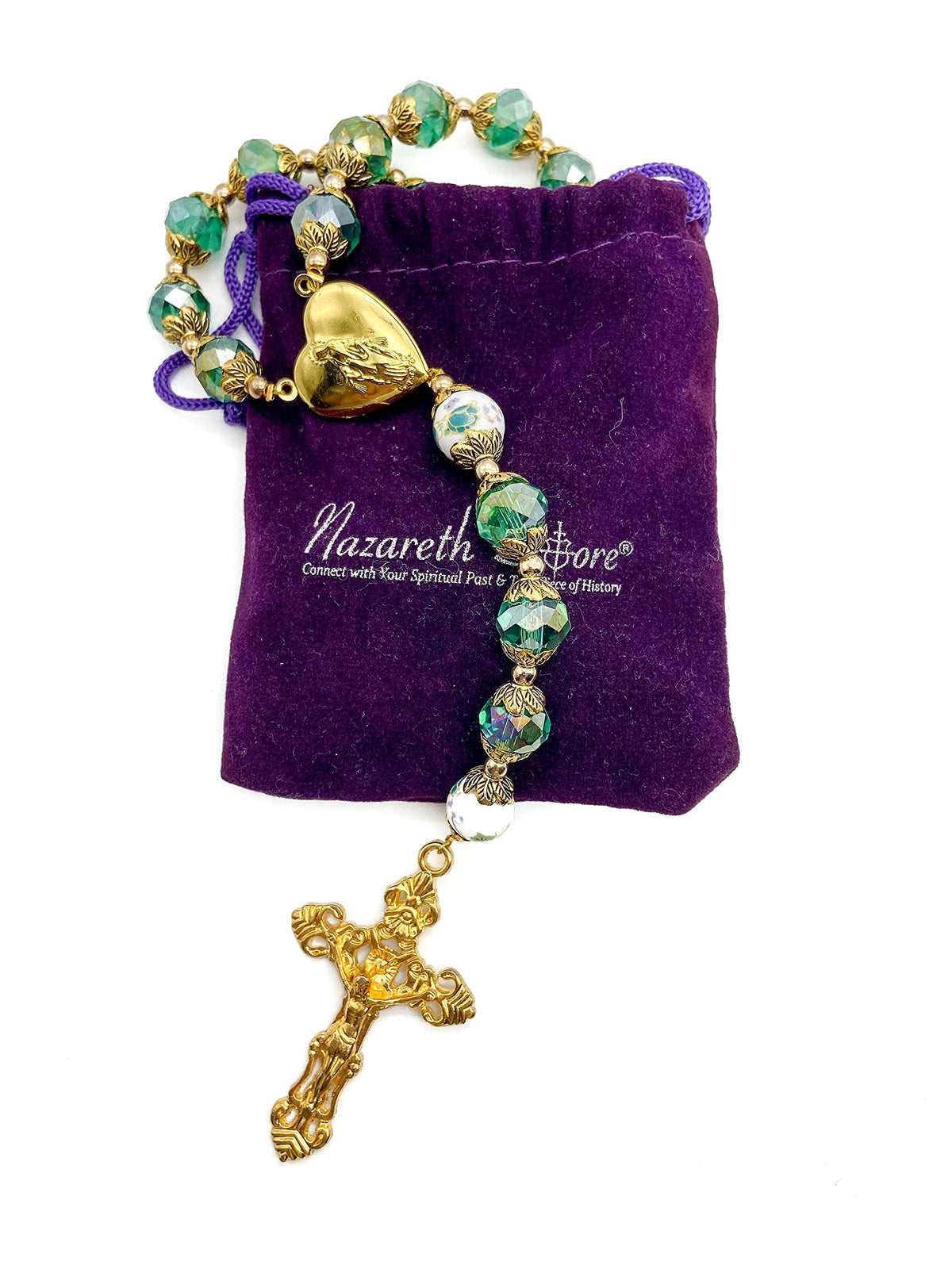 Nazareth Store Catholic Green Crystal Beads 10mm Gold Rosary Flowers Beaded Necklace Miraculous Heart Locket Medal & Cross Relig