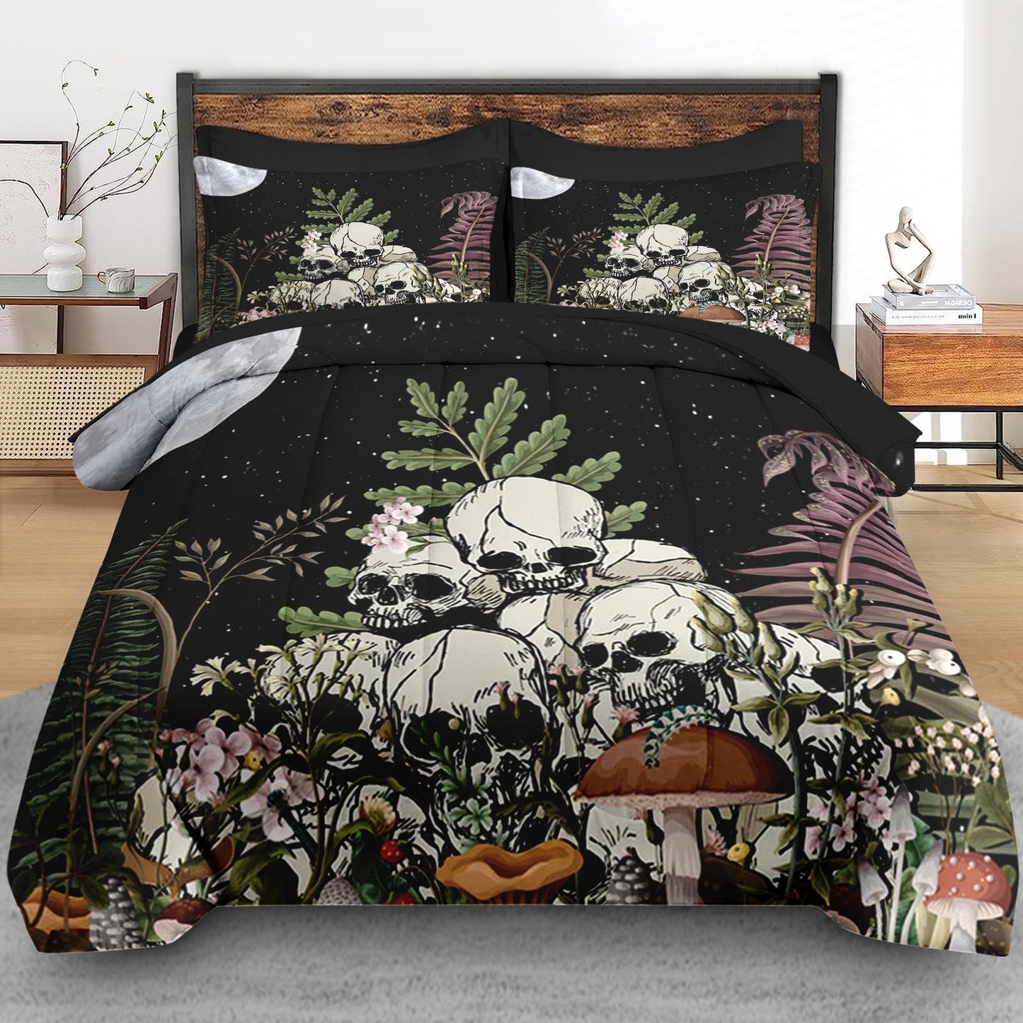 Pamnest Comforter Set Queen Size, Mushroom Plant 7 Pcs Bedding for Kids and Adults, Skeleton Spooky Retro Bed Sheet Sets with Fitted Sheet 2 Pillowcases & 2 Shams for Bedroom Bed Decor