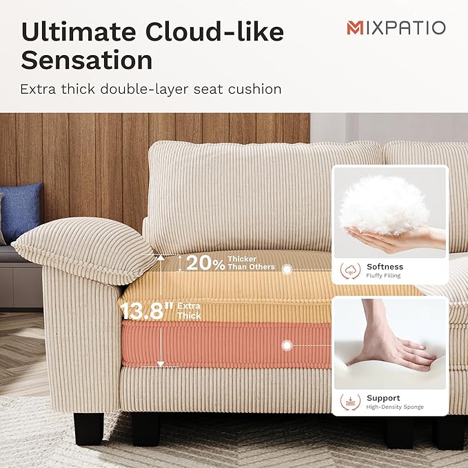 MIXPATIO 157-Inch U Shaped Sectional Sofa with Cloud Cushions, Deep Seat Modular Couch Set w/ 6 Seats & 2 Ottomans, Removable Arms, Plush Corduroy Upholstery for Living Room, Apartment - Beige