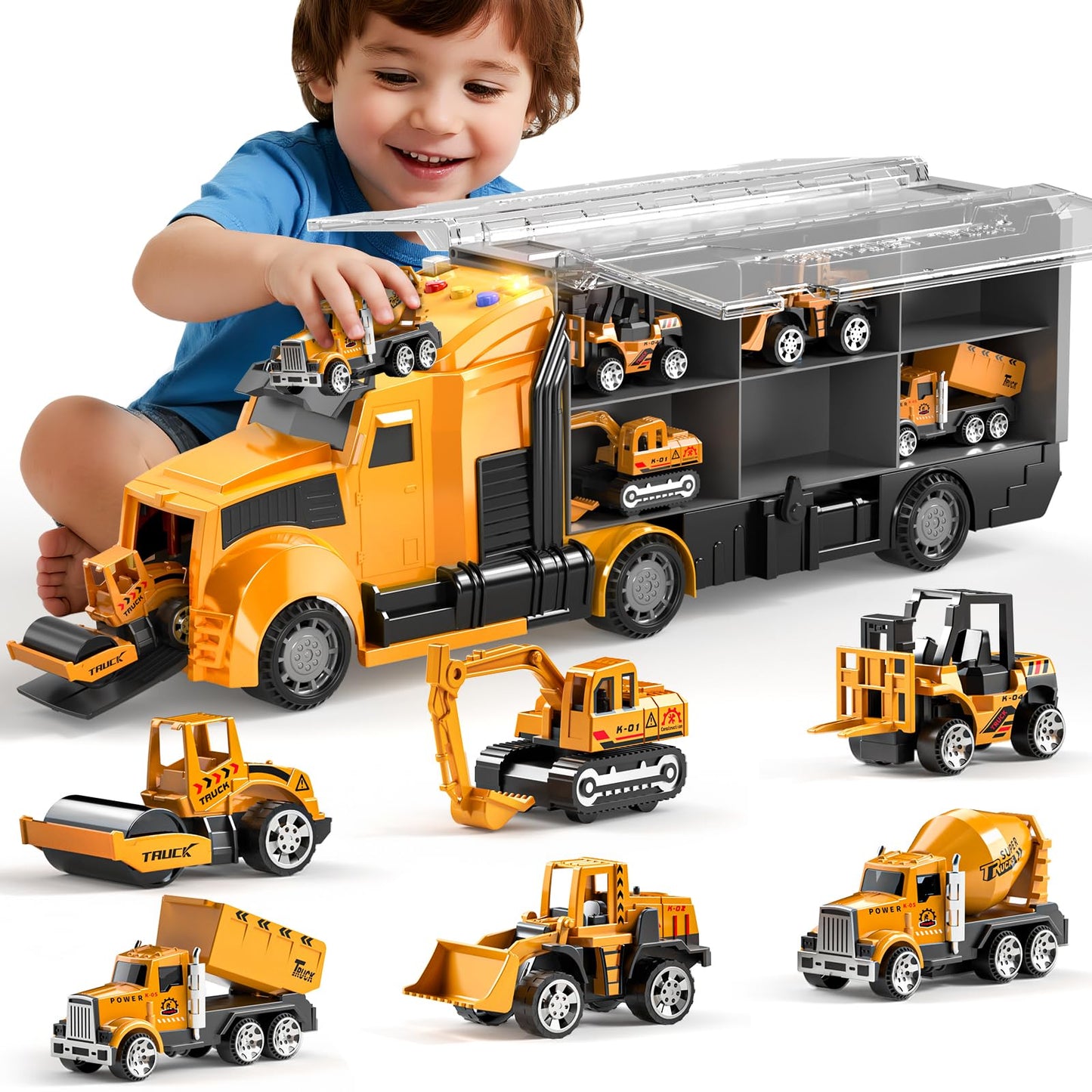 NIPLOOOW Construction Trucks Toy Set with Play Mat, Carrier Truck Play Vehicles Set for 3 4 5 6 Years Old Boys Kids, Die-Cast Car Toy for Toddlers 3-4 Years, Birthday Gifts Toys for 3-9 Year Old Boys