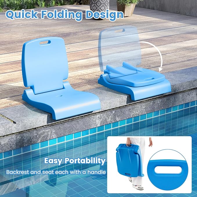 Goplus Poolside Chair for Edge of Pool, Foldable Portable Flip Seat w/Back Support & 2 Handles, Lightweight Outdoor Camping Chair for Stadium, Tailgating, Fishing, Boats, Beach (Blue, 1 Pack)