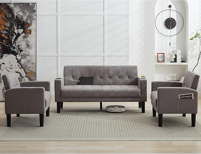 TYBOATLE Sofa Couch, Living Room Furniture Sectional Sofa Sets 3 Pcs, Tufted Mid-Century Loveseat w/USB, Cupholders & Comfy Single Sofa for Small Space, Apartment, Office (Light Grey)