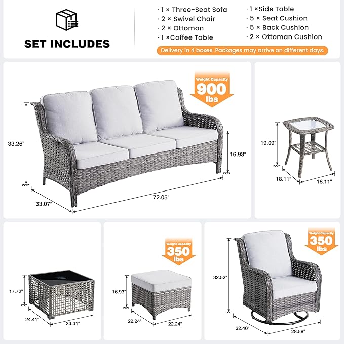 ovios 7 Pieces Patio Furniture Set, Outdoor Wicker Sofa Couch with Swivel Chairs Solar Lights Table, High Back Modern All Weather Conversation Sets, Grey Rattan, Grey
